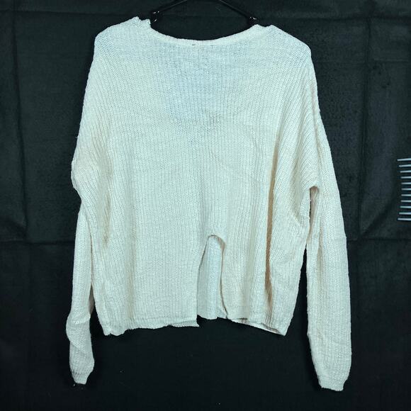 Express Womens Sweater Cream V Neck Criss Cross Slit Back Knit Cotton Blend M - Picture 10 of 12
